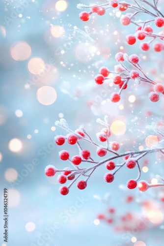 christmas concept, red berries in ice and snow with light blue bokeh light background