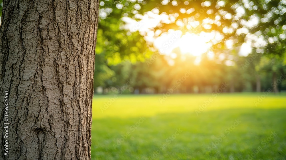 Fototapeta premium Close-up of a tree trunk with sunlight shining through lush green foliage.
