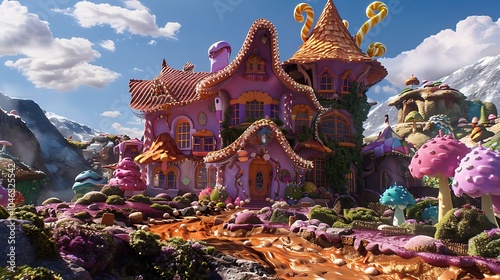 Colorful monster house in chocolate valley including chocolatey cascades and a palatable appearance