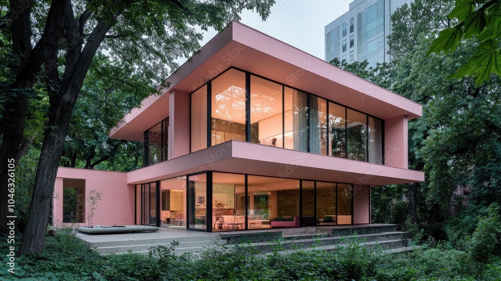 A large pink house with a large glass window. The house is surrounded by trees. The house has a large patio area with a pool