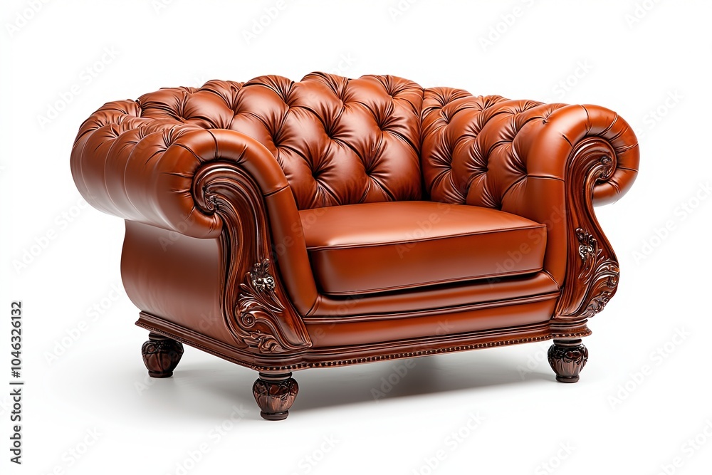 Obraz premium Elegant brown leather armchair with tufted design, ideal for luxurious interiors, isolated on white background.