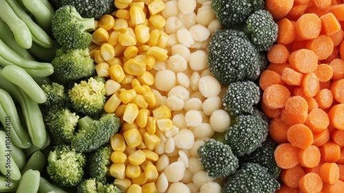 A variety of vegetables, including broccoli, carrots, and corn, are arranged in a row. The broccoli is located in the middle of the row, with the carrots and corn placed on either side