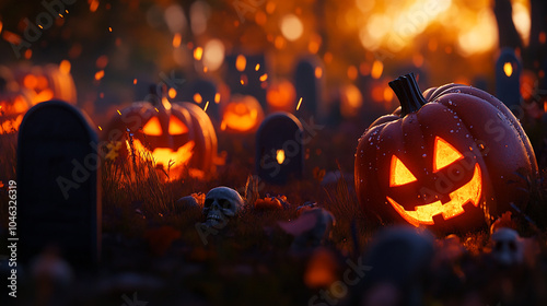 Spooky halloween pumpkins in forest. Halloween background with pumpkins and cemetery. Happy halloween banner.