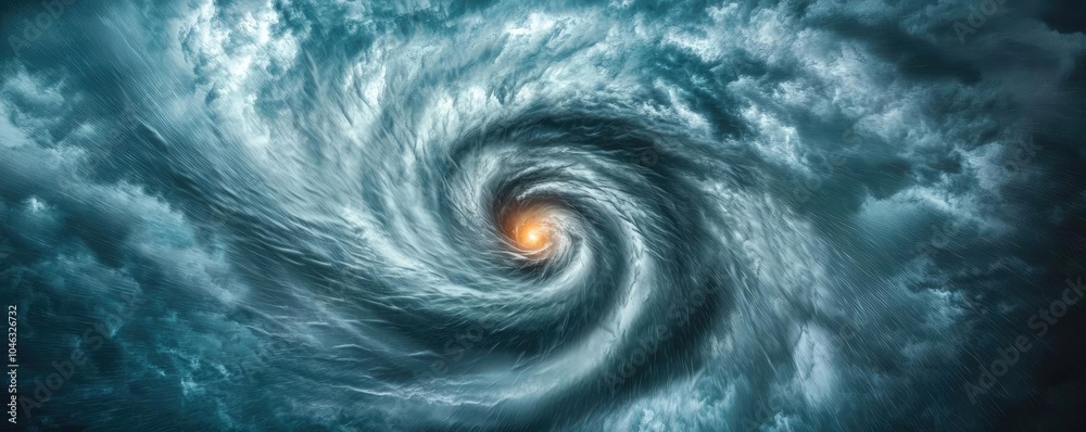 A powerful hurricane swirling over the ocean with dramatic clouds and golden center. A powerful hurricane swirling over the ocean with dramatic clouds and golden center.