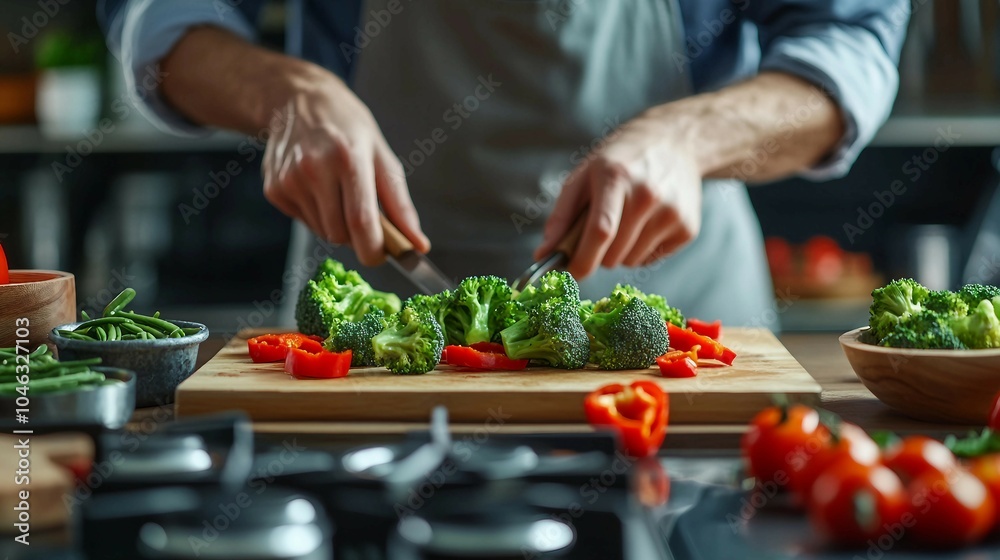 Chef Cutting Fresh Broccoli for Healthy Meal Preparation Chef Cutting Fresh Broccoli for Healthy Meal Preparation