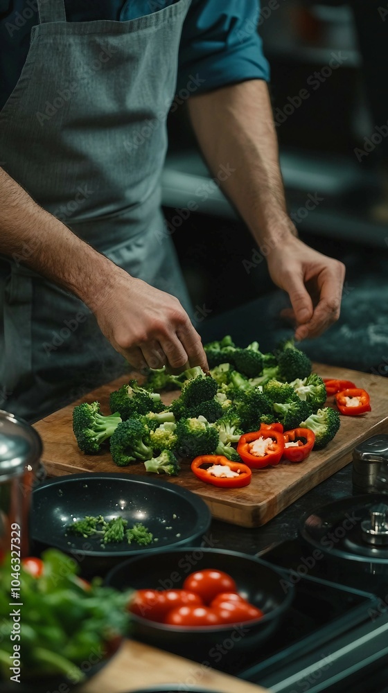 Chef preparing fresh broccoli and bell peppers in a kitchen Chef preparing fresh broccoli and bell peppers in a kitchen