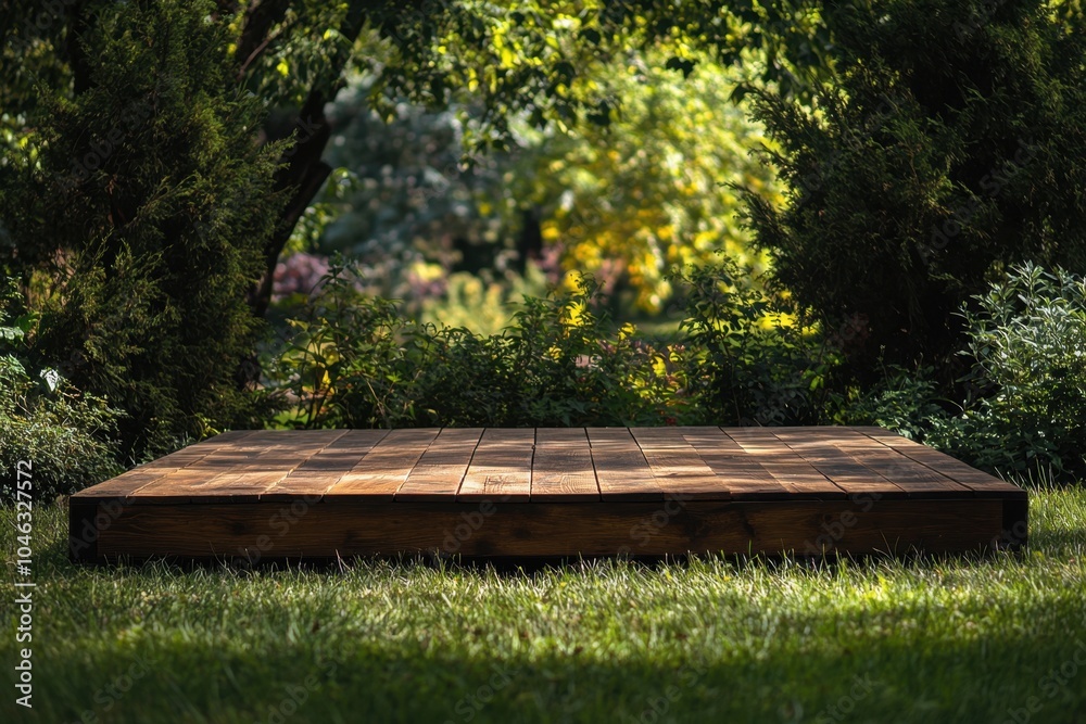 Naklejka premium Serene wooden deck surrounded by lush greenery