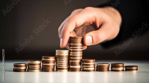 A close-up of hands arranging ascending stacks of coins on a white surface,