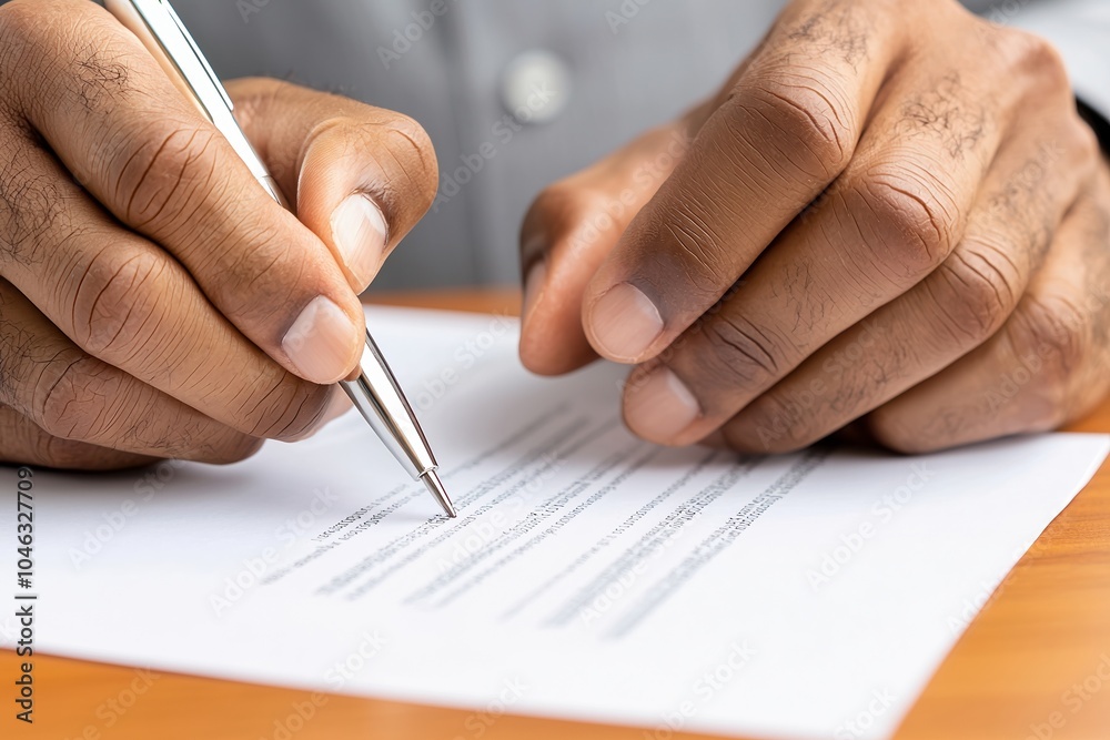 Naklejka premium Hands writing on a document with a pen on a wooden surface.