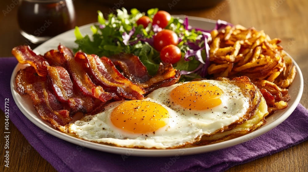 A hearty breakfast plate featuring eggs, bacon, salad, and crispy potatoes. A hearty breakfast plate featuring eggs, bacon, salad, and crispy potatoes.