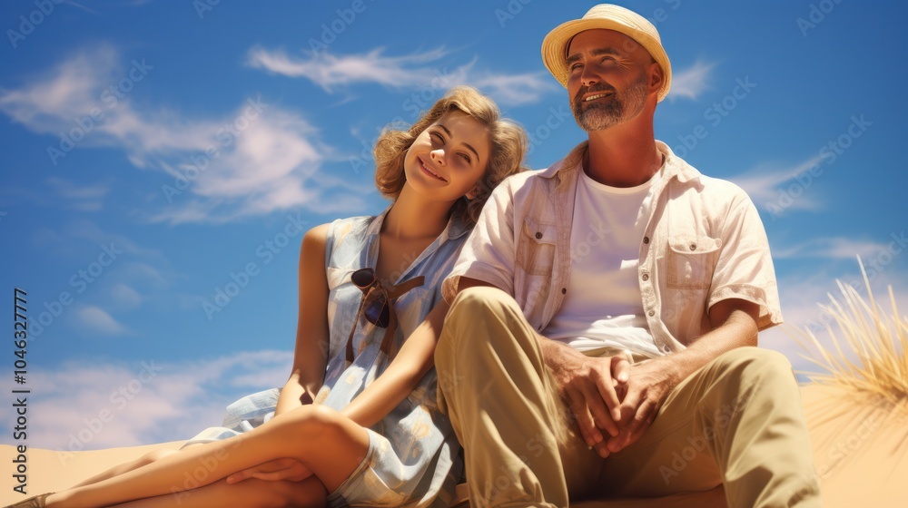 Obraz premium A father and daughter sitting together on a sand dune