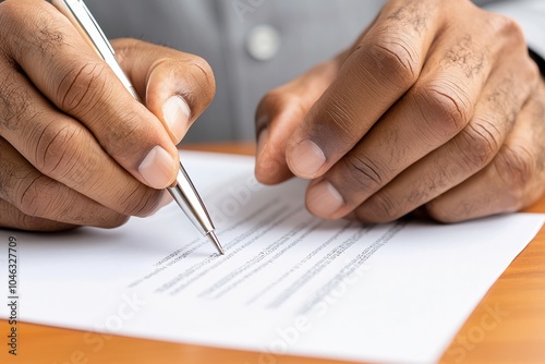 Hands writing on a document with a pen on a wooden surface.