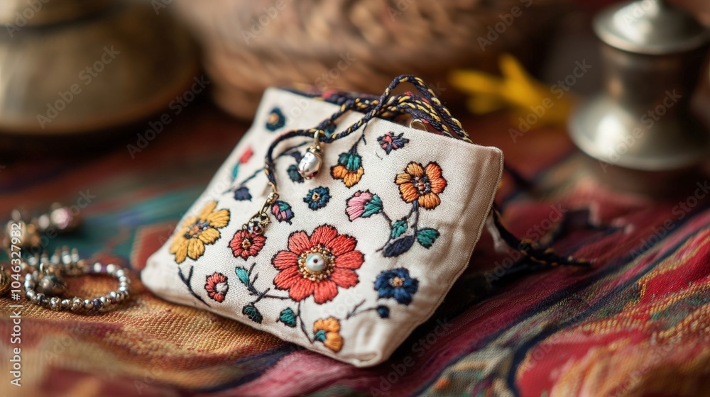 A hand-stitched fabric pouch with floral patterns, holding small jewelry pieces A hand-stitched fabric pouch with floral patterns, holding small jewelry pieces