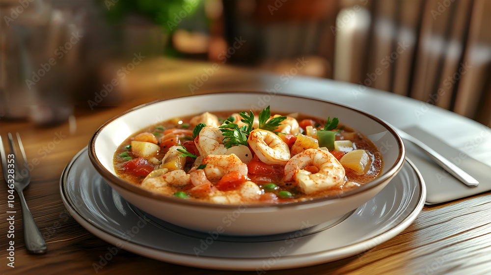 View of delicious shrimp gumbo cooked in a bowl View of delicious shrimp gumbo cooked in a bowl