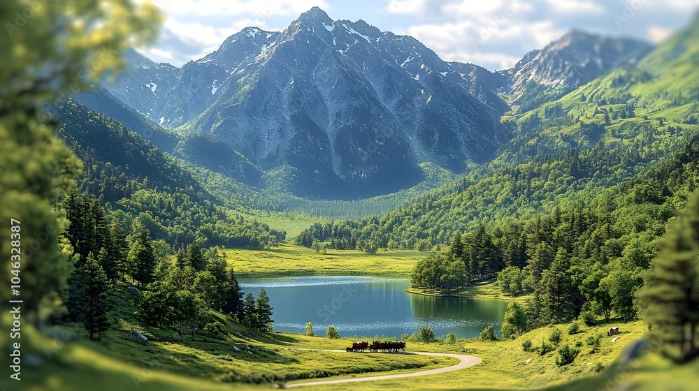 Majestic Mountain Landscape with Tranquil Lake and Pastoral Charm Majestic Mountain Landscape with Tranquil Lake and Pastoral Charm