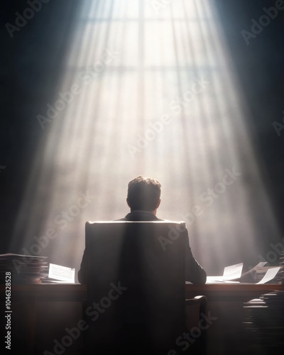 Attorney in Dimly Lit Office with Sunlight Rays and Case Files