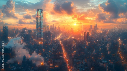 Dramatic Sunset Over Soaring Skyscrapers in a Bustling Metropolis