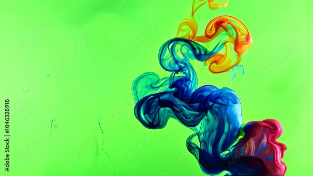 Vibrant swirls of colorful ink in water on bright green background Vibrant swirls of colorful ink in water on bright green background
