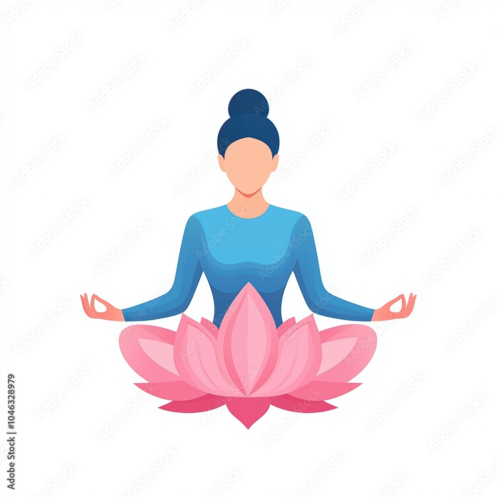 Serene figure meditating on a pink lotus flower, symbolizing tranquility and mindfulness, on white background. Serene figure meditating on a pink lotus flower, symbolizing tranquility and mindfulness, on white background.