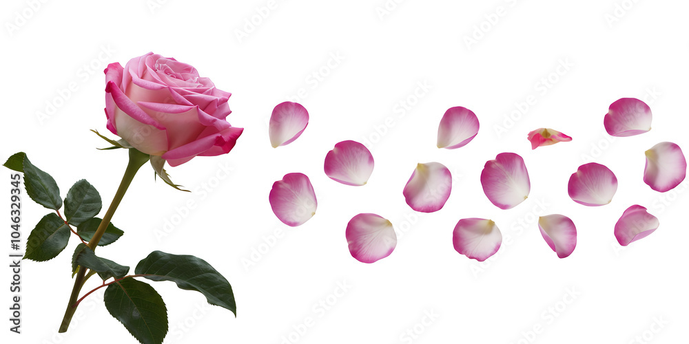 Fototapeta premium A single pink rose with petals scattered around it