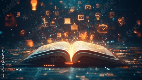 Wallpaper Mural An open book with a glowing path leading into the distance, filled with floating business-related symbols like briefcases and lightbulbs, symbolizing learning as the key to business growth Torontodigital.ca