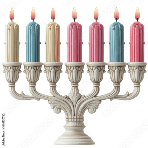 Colorful menorah with lit candles on a white isolate background. photo