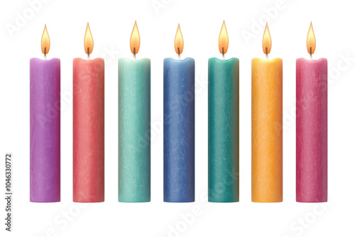 Colorful candles with flames, isolated on a white background. photo