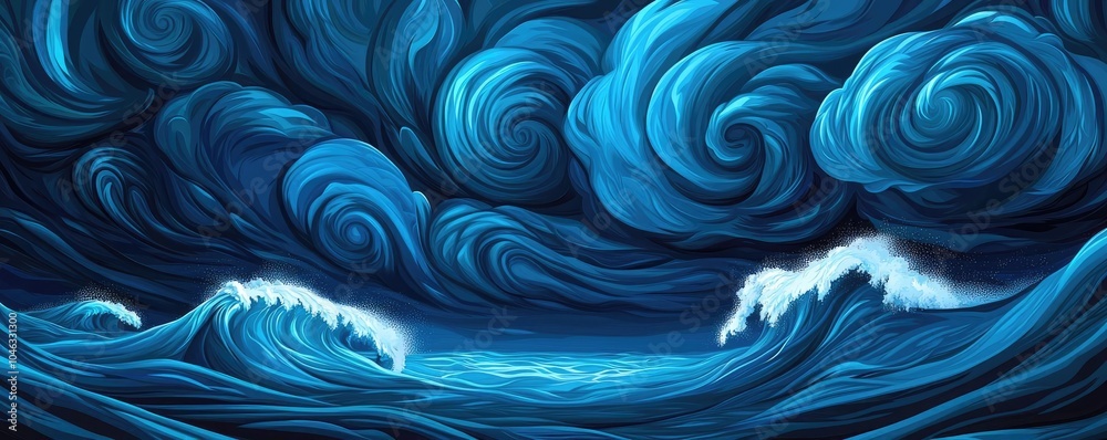 Dynamic ocean waves under a swirling blue sky Dynamic ocean waves under a swirling blue sky