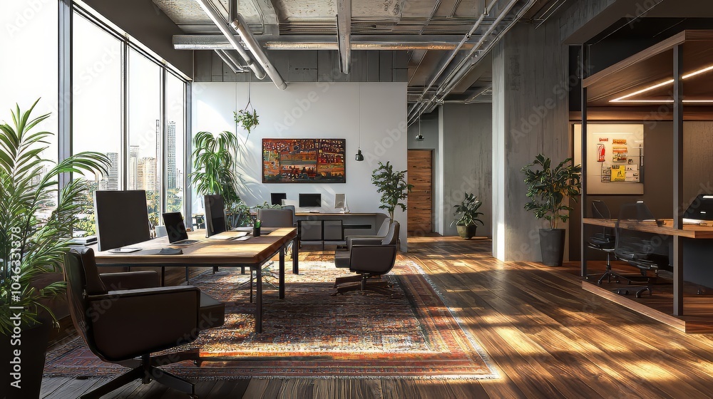 Obraz premium Modern office with collaborative spaces and productivity tools, fostering efficient work techniques. productivity tools. Ultra realistic. Photorealistic