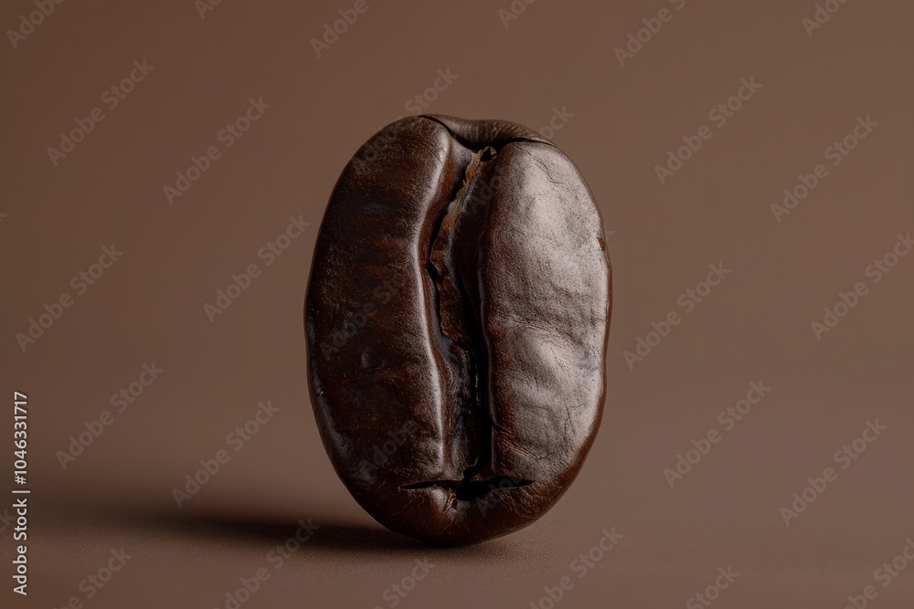 Naklejka premium Single roasted coffee bean standing vertically on a solid brown background in a studio setting.