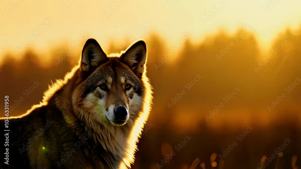 Majestic wolf at sunset in forest clearing with sunlit fur and intense stare Majestic wolf at sunset in forest clearing with sunlit fur and intense stare