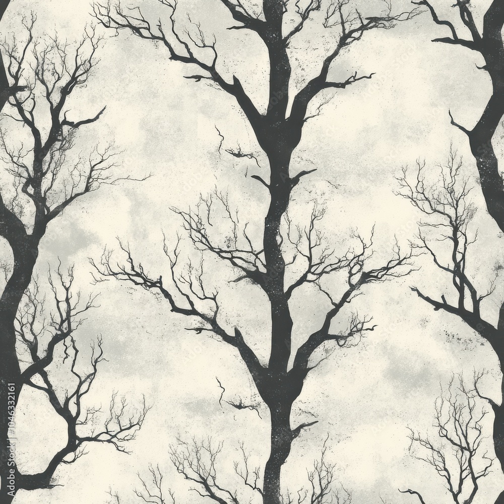 Obraz premium Vintage haunted forests and foggy pathways pattern on vintage grey fabric background, seamless repeating pattern, textile print style, minimal, Halloween design, seamless forest pattern,