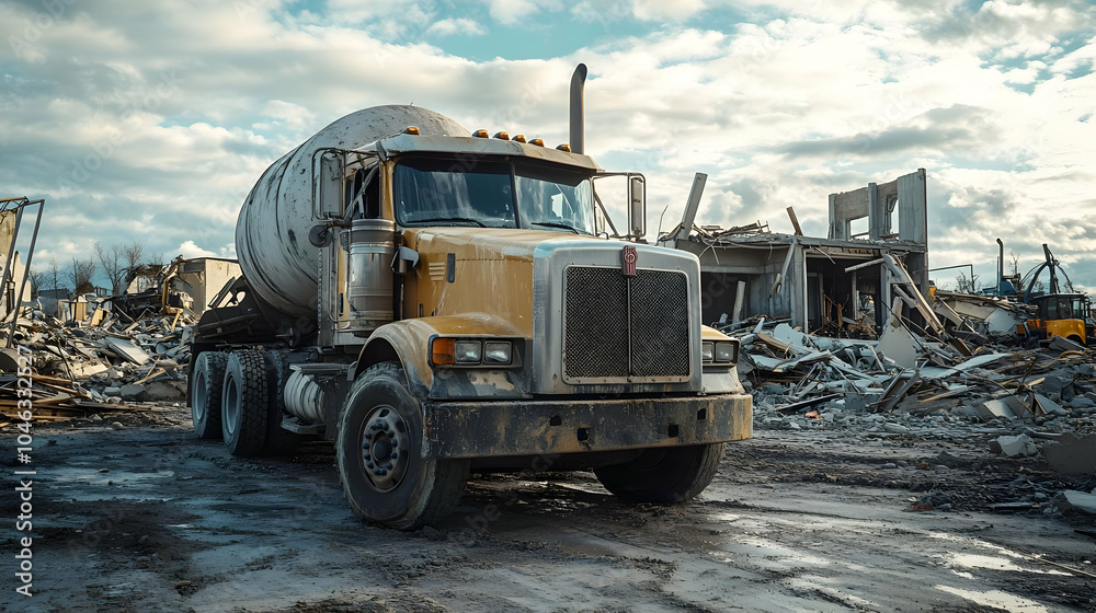 A yellow concrete mixer truck parked in a demolition site with a cloudy sky A yellow concrete mixer truck parked in a demolition site with a cloudy sky