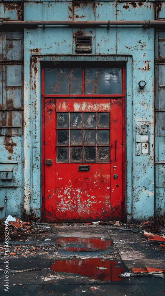 A Rusty Red Door on a Weathered Blue Wall with a Puddle Reflecting the Door in an Abandoned Industrial Setting A Rusty Red Door on a Weathered Blue Wall with a Puddle Reflecting the Door in an Abandoned Industrial Setting