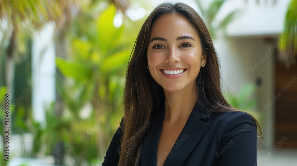 Confident Businesswoman Smiling in a Tropical Setting with Lush Greenery Confident Businesswoman Smiling in a Tropical Setting with Lush Greenery