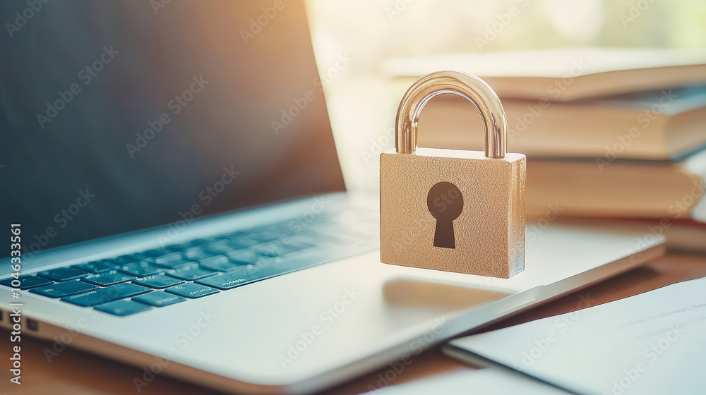 Fototapeta premium A laptop with a padlock on the keyboard symbolizes data security and protection, highlighting the importance of safeguarding digital information and privacy.