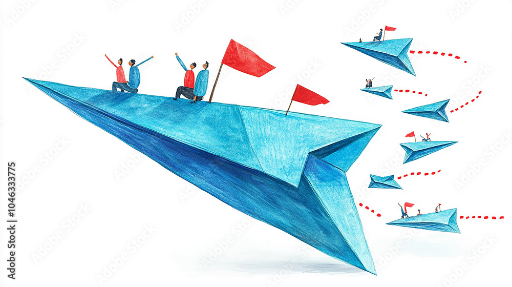 Naklejka premium A large blue paper airplane with small people walking towards a red flag.