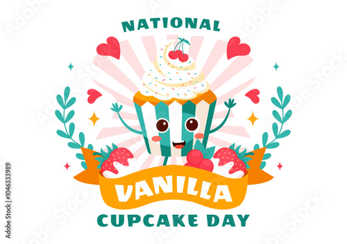 National Vanilla Cupcake Day Vector Illustration on November 10 featuring Cupcakes Topped with Sprinkle, Strawberry and Vanilla Cream in a Background