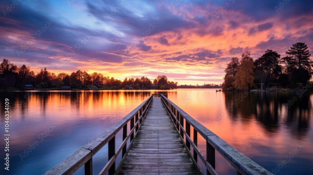 Fototapeta premium A breathtaking sunrise panorama over a peaceful lake, with the sky showcasing vibrant colors of dawn