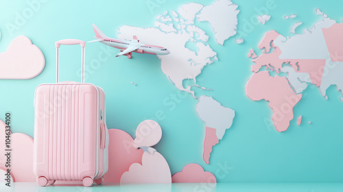 the 3d rendering graphic , pastel  models of bags and plane on map  traveling between continents 