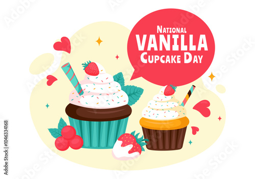 National Vanilla Cupcake Day Vector Illustration on November 10 featuring Cupcakes Topped with Sprinkle, Strawberry and Vanilla Cream in a Background