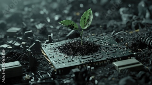 A small green plant sprouts from a pile of dirt on a computer motherboard, symbolizing the importance of nature and sustainability in the digital age. photo