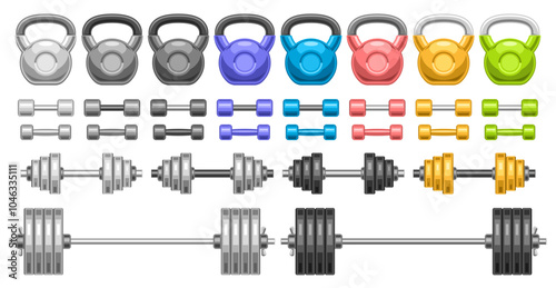 Vector Dumbbell Set, collection of cut out illustrations variety colorful dumbbells and monochrome barbells for fitness room, group of metall fitness products for workout on white background