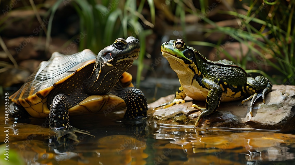 A tortoise and a frog discussing life in the pond A tortoise and a frog discussing life in the pond