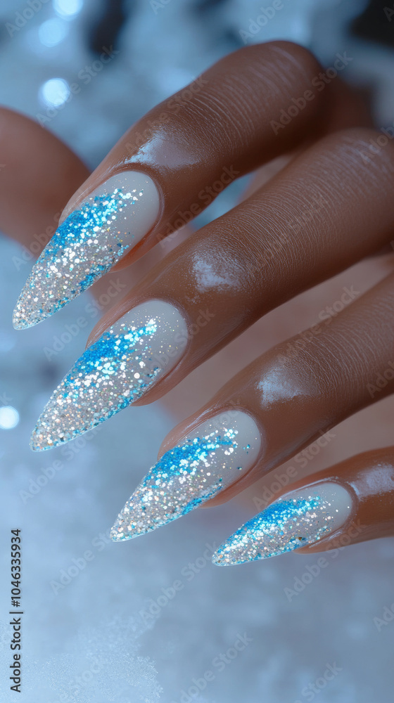 Photo of woman hand with manicure in beautiful fashion blue white color. Pretty elegant acrylic gel polish stiletto nail manicure wear armor long nails pose for spa salon web advertising branding Photo of woman hand with manicure in beautiful fashion blue white color. Pretty elegant acrylic gel polish stiletto nail manicure wear armor long nails pose for spa salon web advertising branding