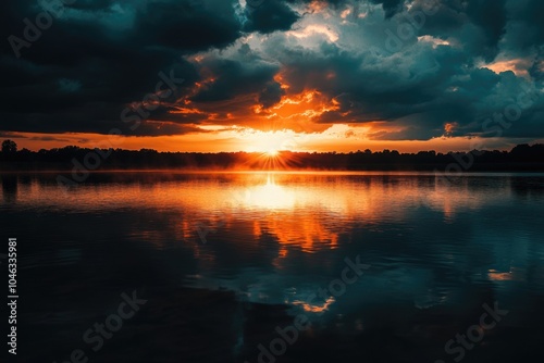 Sunset over calm lake