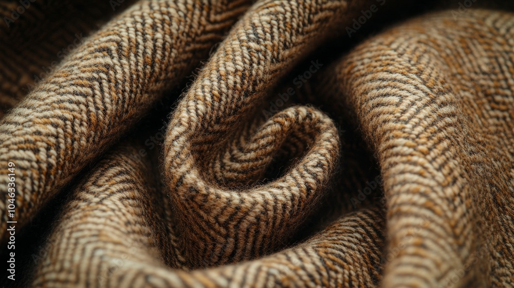 Close-up of elegantly twisted herringbone patterned fabric, showcasing rich textures and warm earthy tones. Close-up of elegantly twisted herringbone patterned fabric, showcasing rich textures and warm earthy tones.