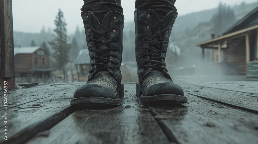 Close-up of rugged black boots on a wet wooden surface, surrounded by misty mountains and rustic buildings, capturing an adventurous spirit. Close-up of rugged black boots on a wet wooden surface, surrounded by misty mountains and rustic buildings, capturing an adventurous spirit.