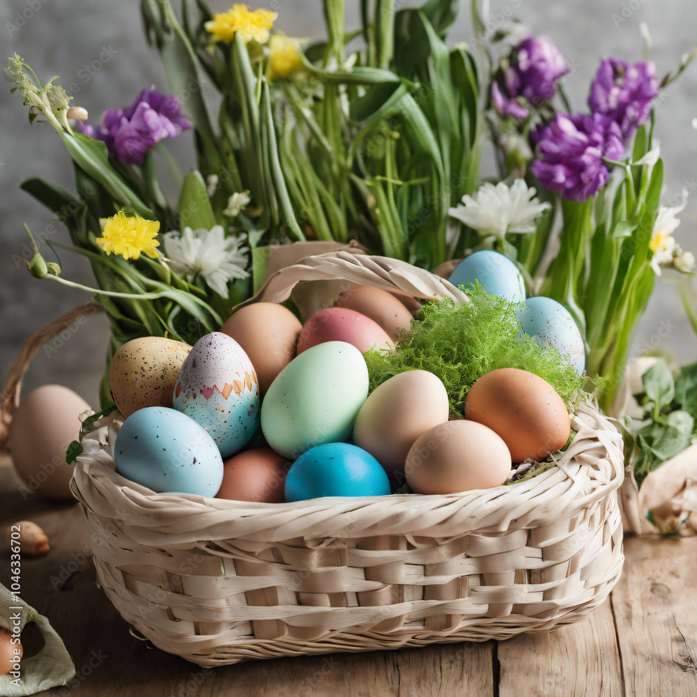 easter eggs in basket with flowers easter eggs in basket with flowers