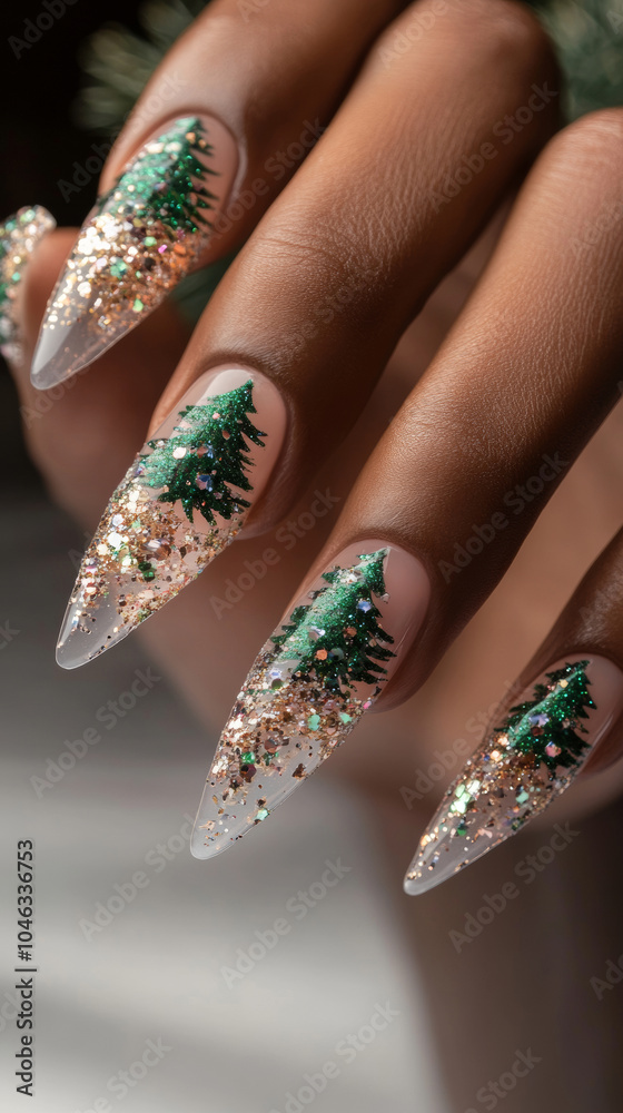 Woman hand with manicure in fashion shimmering golden green Christmas tree pattern. Pretty elegant acrylic gel polish stiletto nail manicure wear armor long nails pose for spa salon advertising